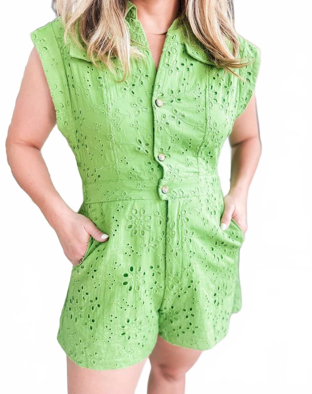 NEW GLAM jaded button down romper in green